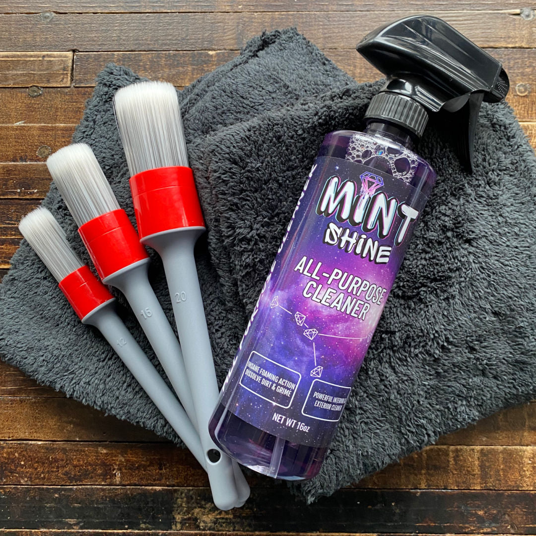 Starter Car detailing supplies bundle including a set of detailing brushes, 3 ultra plush microfibers towels and a bottle of Mint Shine All purpose cleaner (APC)